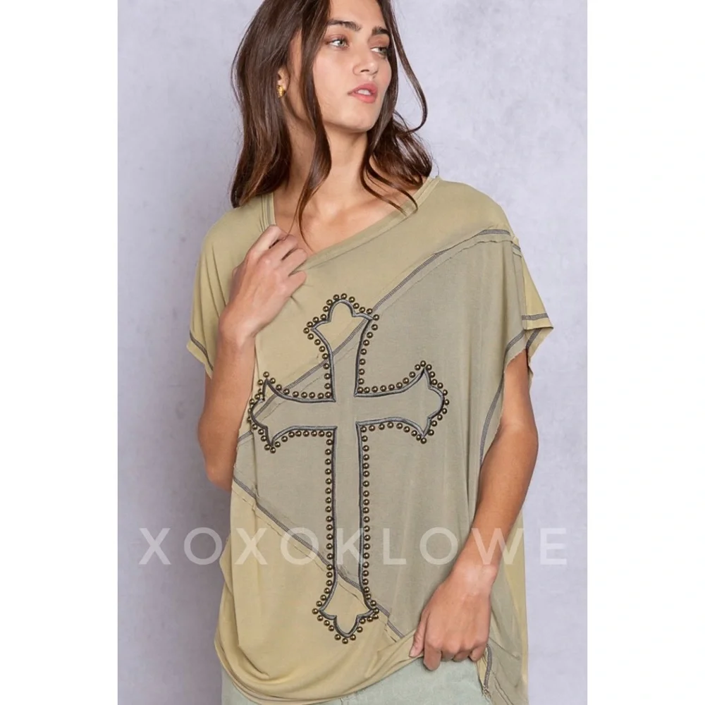 POL Olive Two Tone Studded & Embroidered Cross Top - Picture 3 of 14